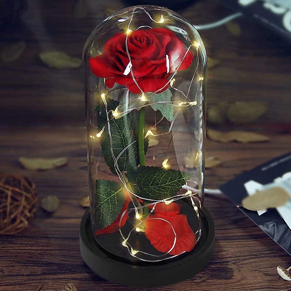 Enchanted Red Silk Rose Light Dome Beauty Beast Anniversary Christmas Decor