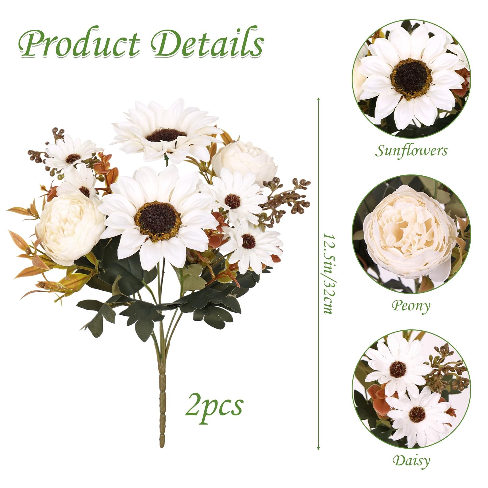 Sunflowers Artificial Flowers with Peonies 2Pcs Fake Sunflowers Summer Artifi…