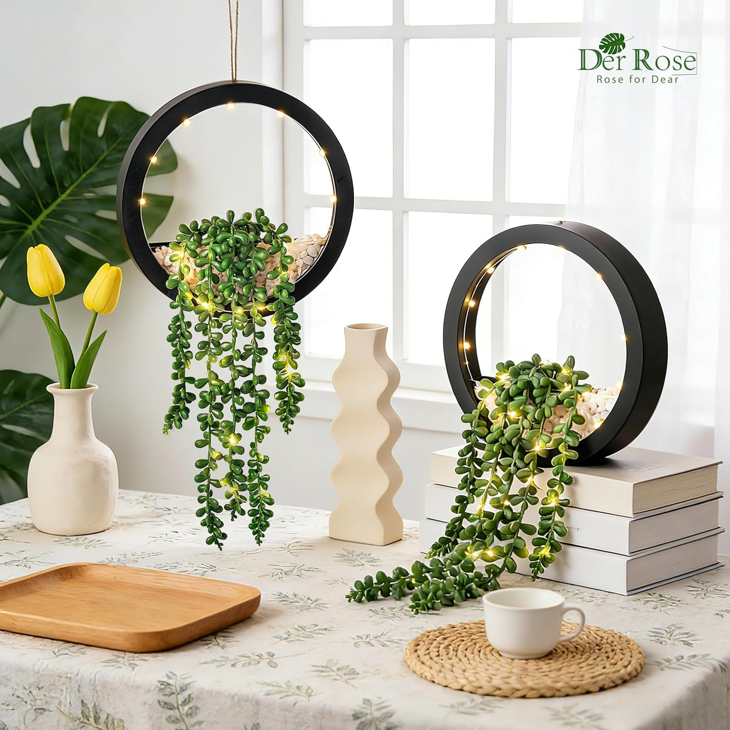 2 Pack Lighted Hanging Plants, Artificial String of Pearls Succulents with Warm