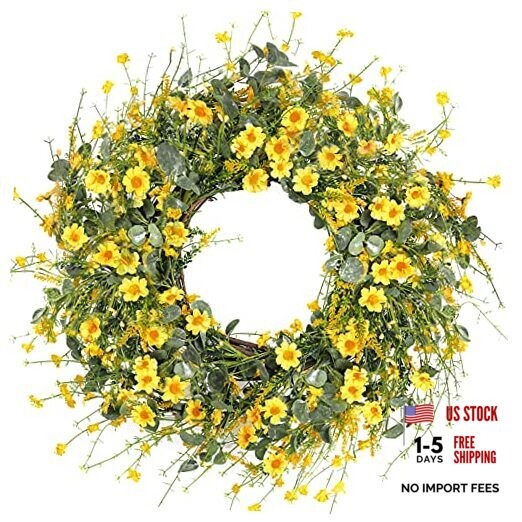 Daisy Wreath 24 Inch Spring Summer Wreath Fake Silk Floral Wreath with Yellow