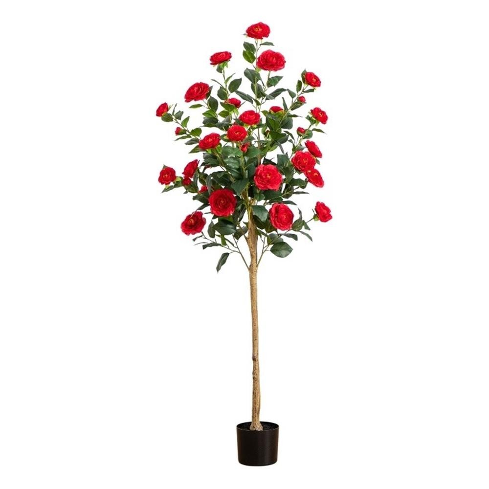 Nearly Natural 5ft Artificial Red Camellia Rose Tree in Red