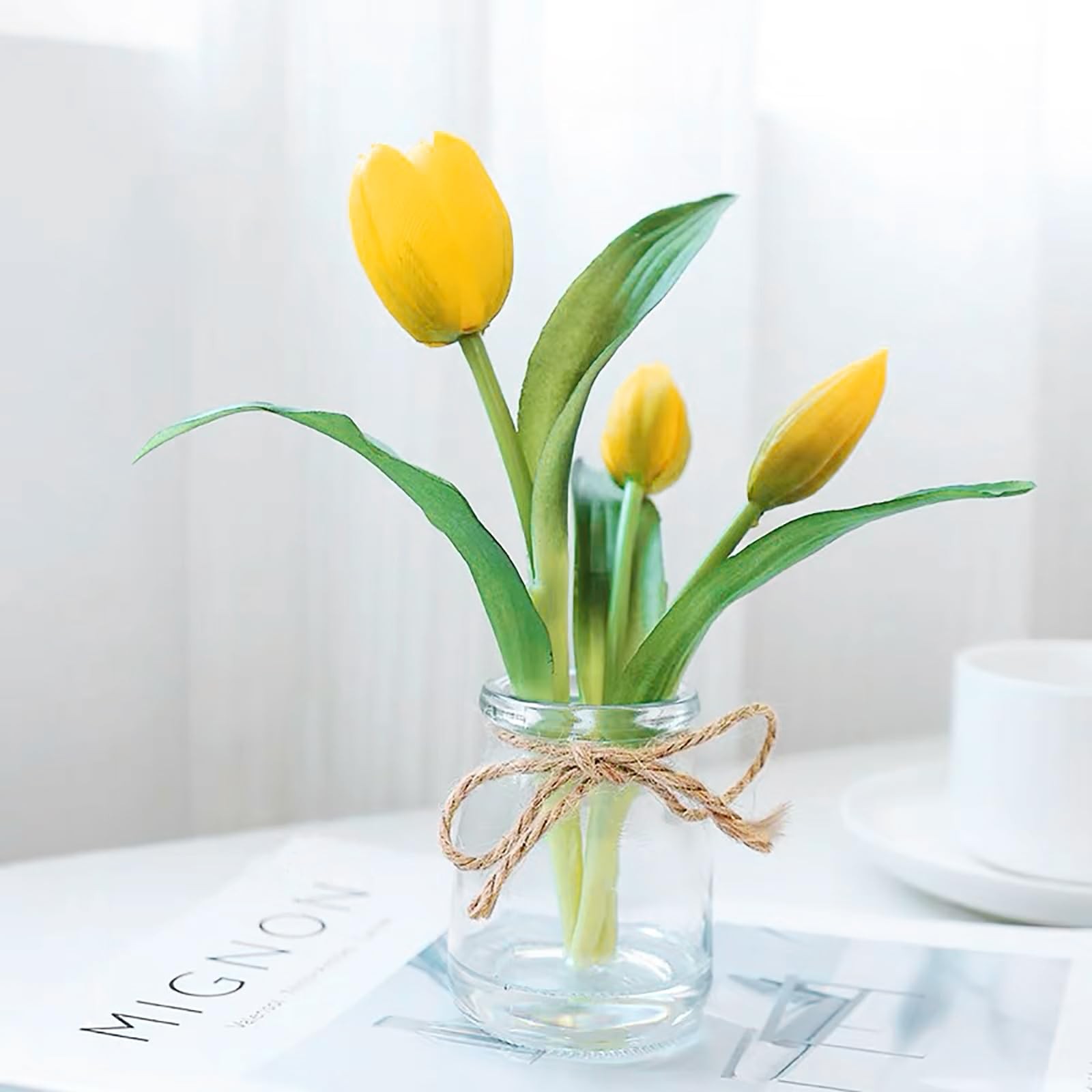 Tulips Artificial Flowers with Vase, Yellow Real Touch Tulips with Faux Water…