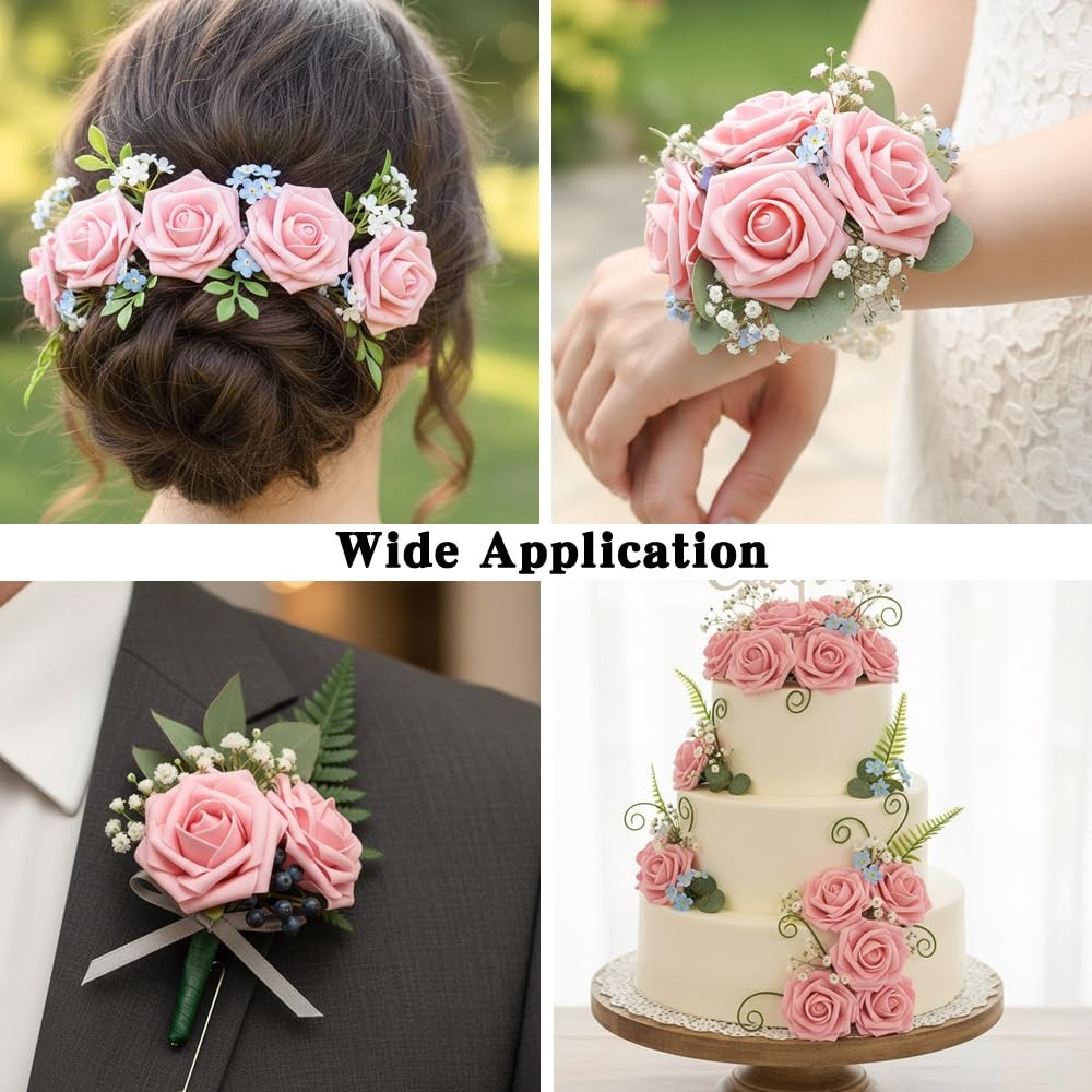 Artificial Flowers, 25pcs Blush Pink Fake Roses with Stems for DIY Wedding De…