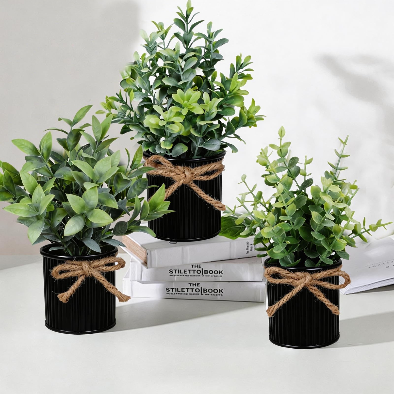 4 Potted Artificial Plants Metal Fake Potted Plant with Iron Pot Mini Greener…