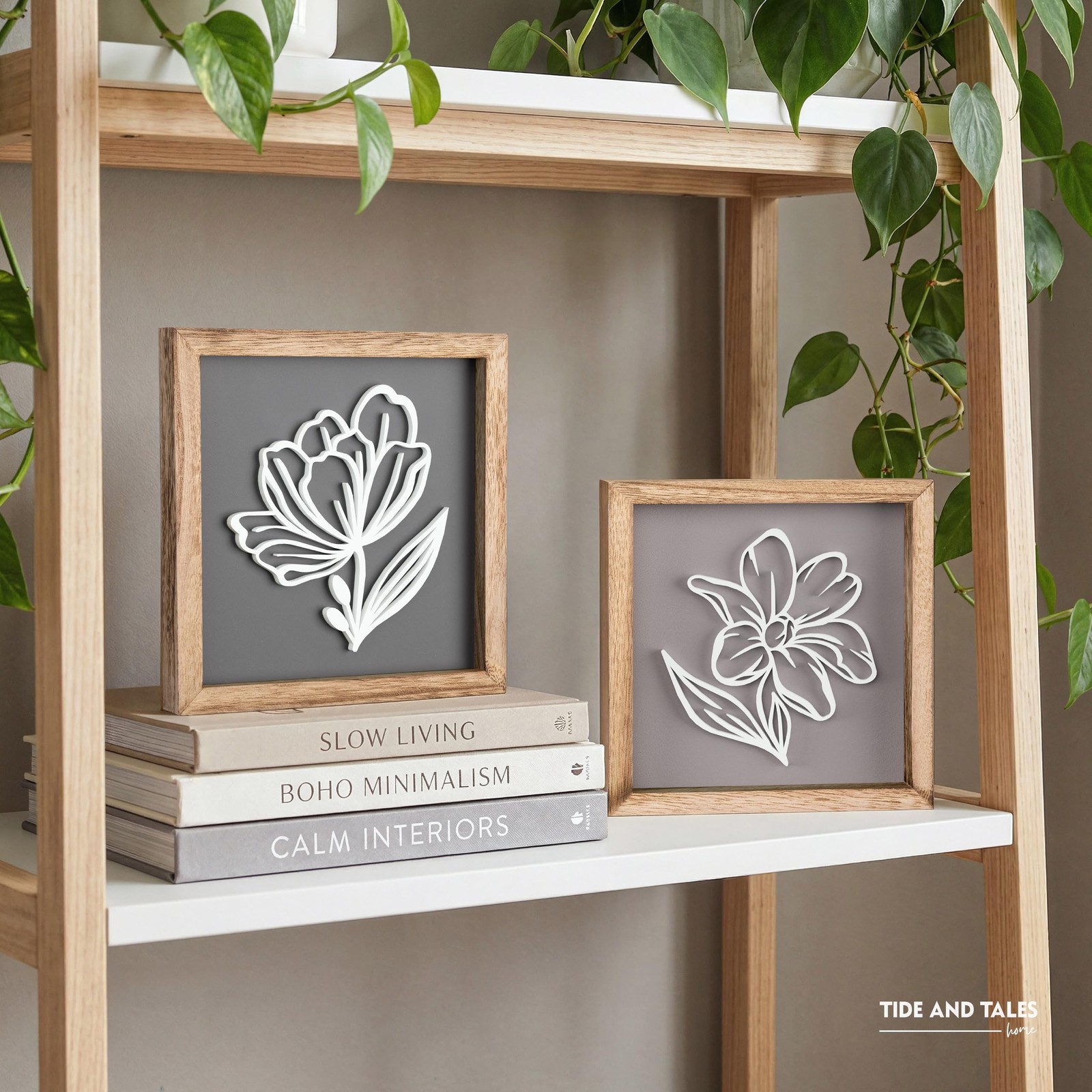 Tide and Tales 3D Botanical Floral Wall Art (Framed Set 7″ x 7″, Stone & Clay