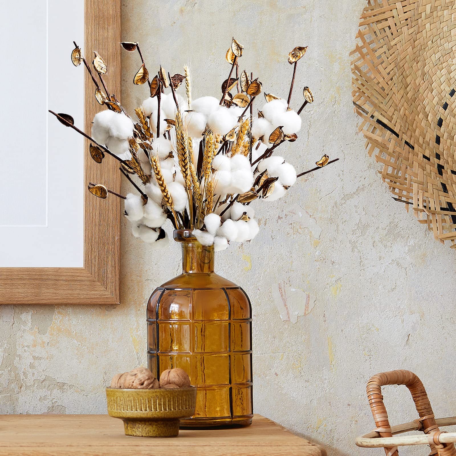 24 Pieces Farmhouse Cotton Flowers 17.7 Inch Fake Artificial Cotton Stems wit…