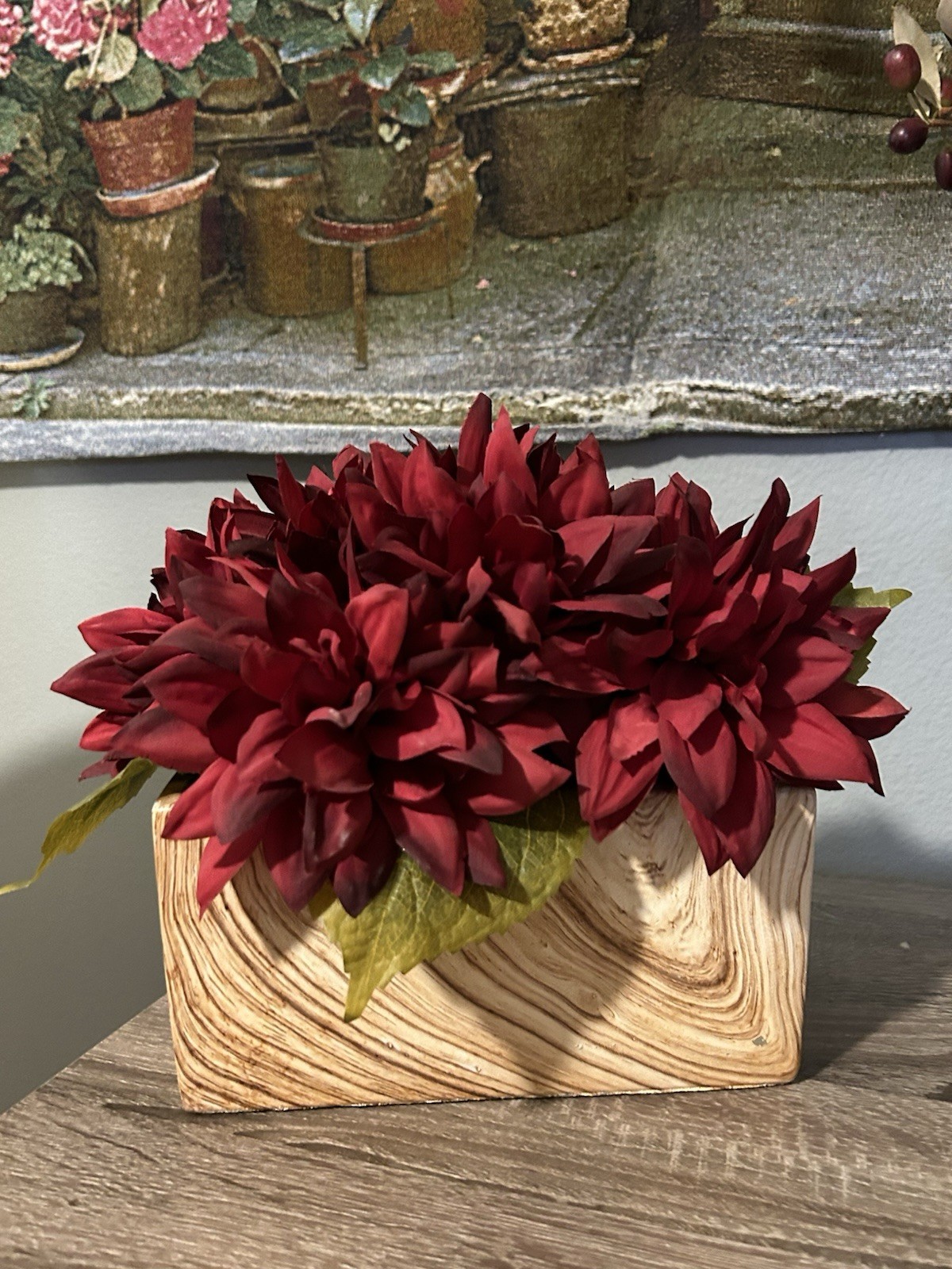 Heavy Faux Stone Planter Deep Red Silk Dahlias Floral Arrangement Centerpiece