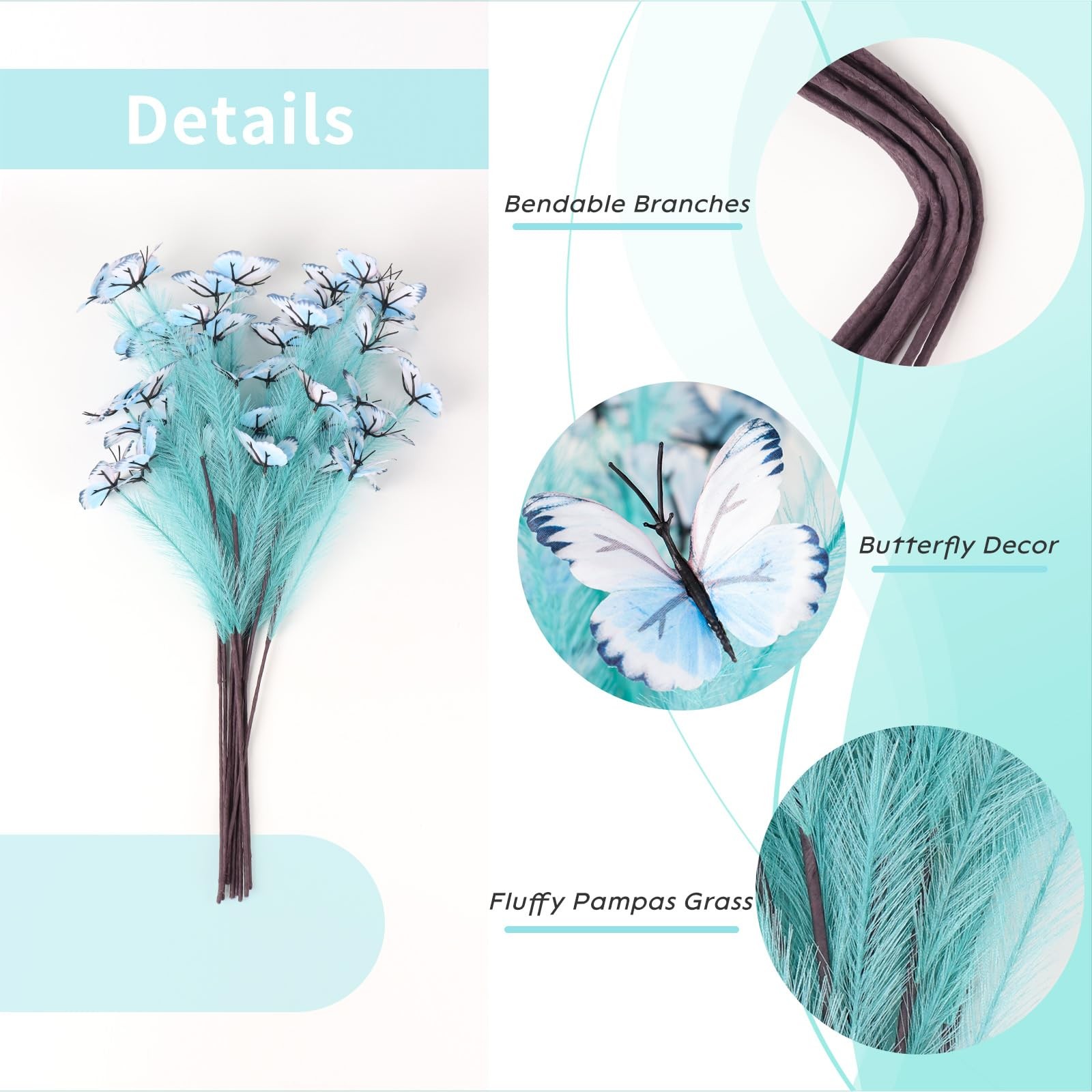 10 Stems Faux Pampas Grass with Butterfly Decorations, Lake Blue Tall Fluffy …