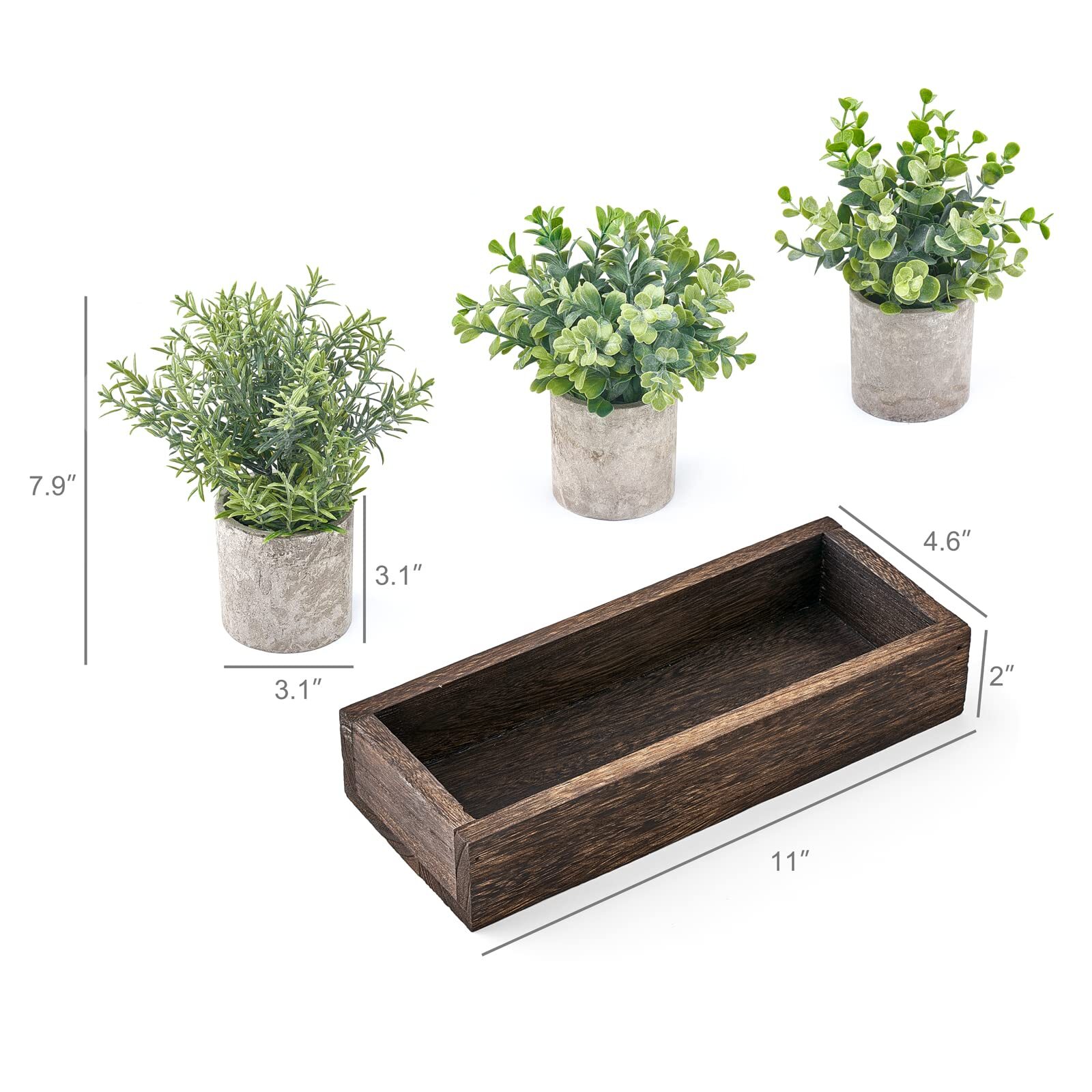 Mini Potted Artificial Eucalyptus 3 Pack Wood Tray Pulp Flower Pots