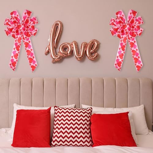 2Pcs Valentine’s Day Bows, Pink Valentine’s Day Wreath Bow Pink Heart Printed