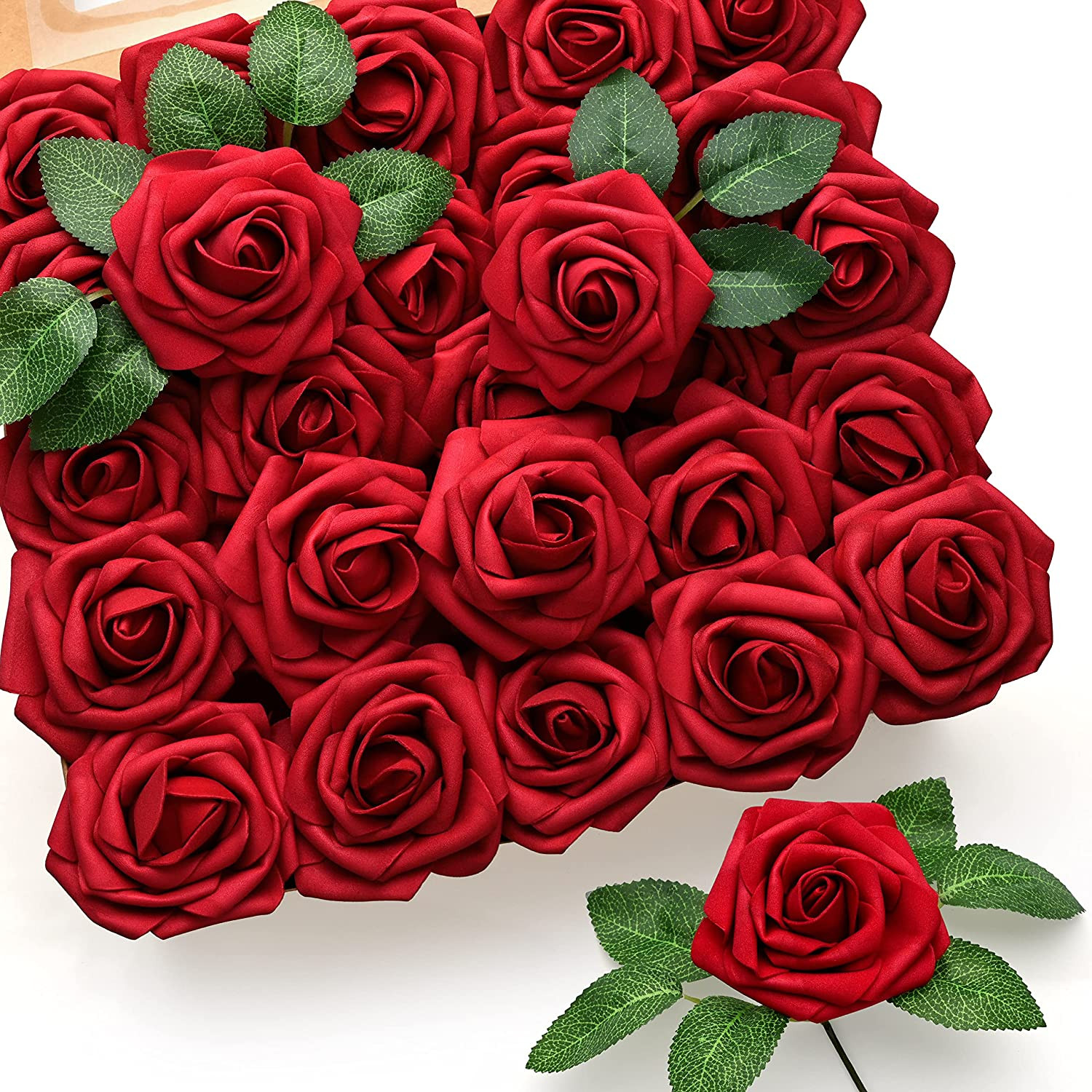 50 Pcs Artificial Flowers Red Roses Bulk, Real Looking Foam Fake Roses with Stem