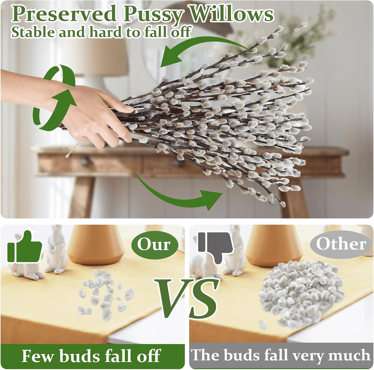 30 Stems Real Dried Pussywillow Preserved Greenery Branches for Vase- Natural Pu