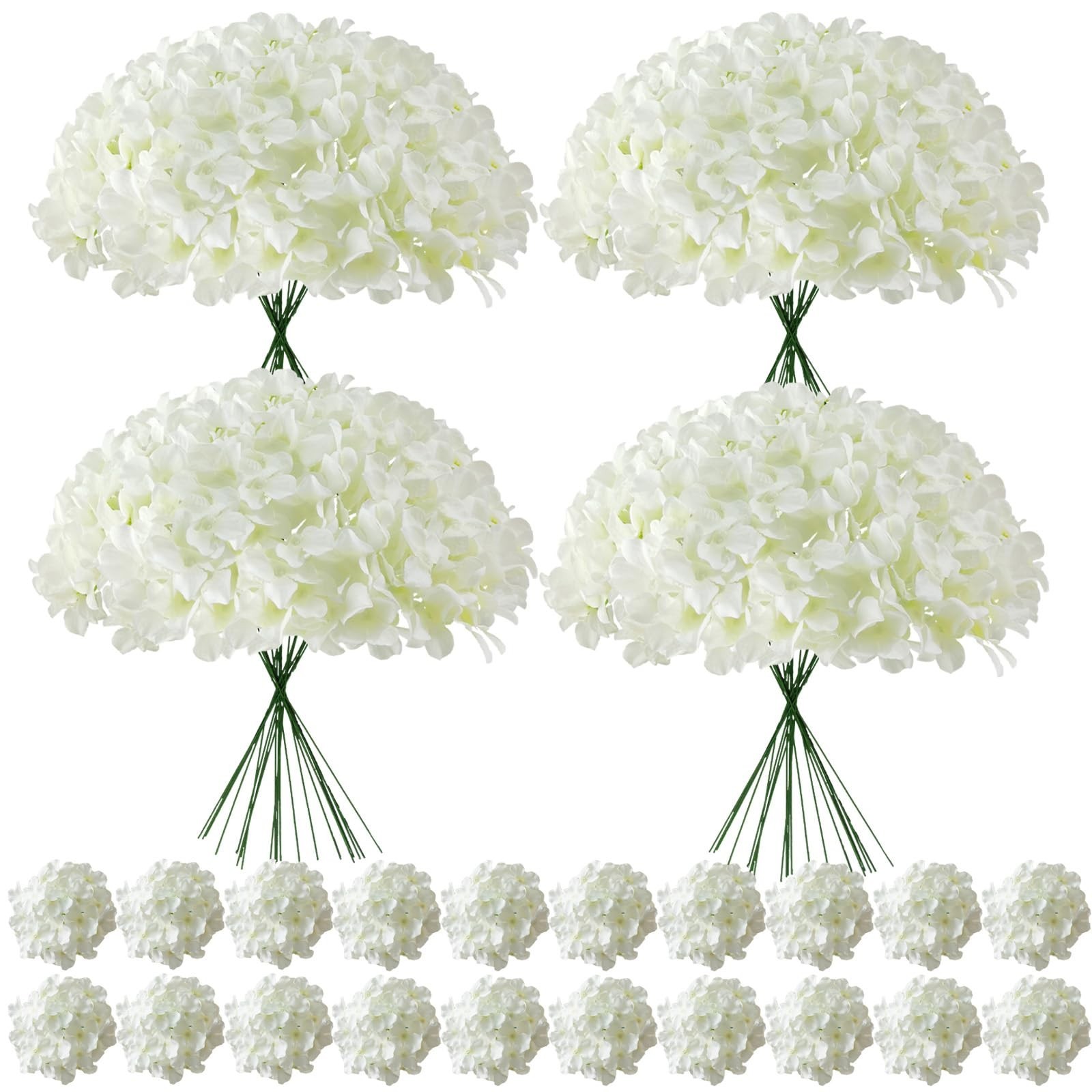 100 Pcs Faux White Hydrangea Flowers – Silk Heads with Stems for Wedding, Party,