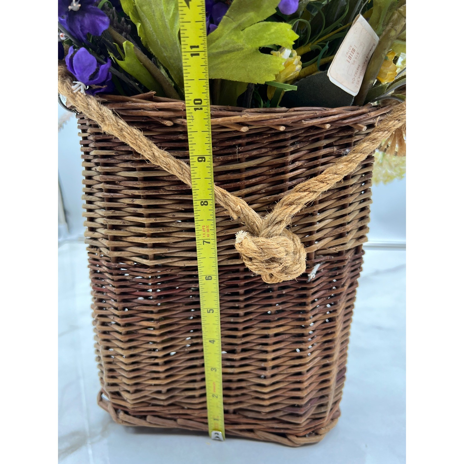 Artificial Lime Green Ranunculus & Purple Floral Arrangement in Wicker Basket