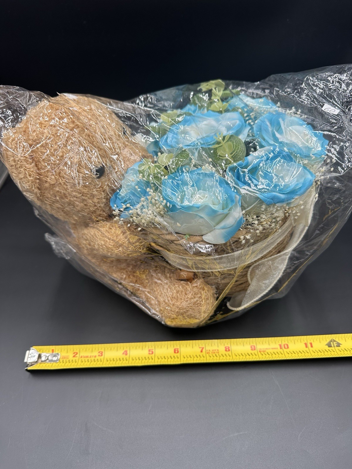 Teddy Bear with Blue Rose Flower Basket Gift Wrapped – Valentine Birthday Decor