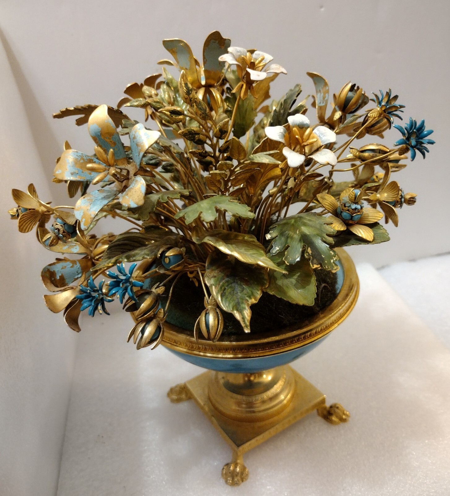 Enameled Flower Bouquet Tipped In Real Gold Labeled Italy Enameled Metal Aqua