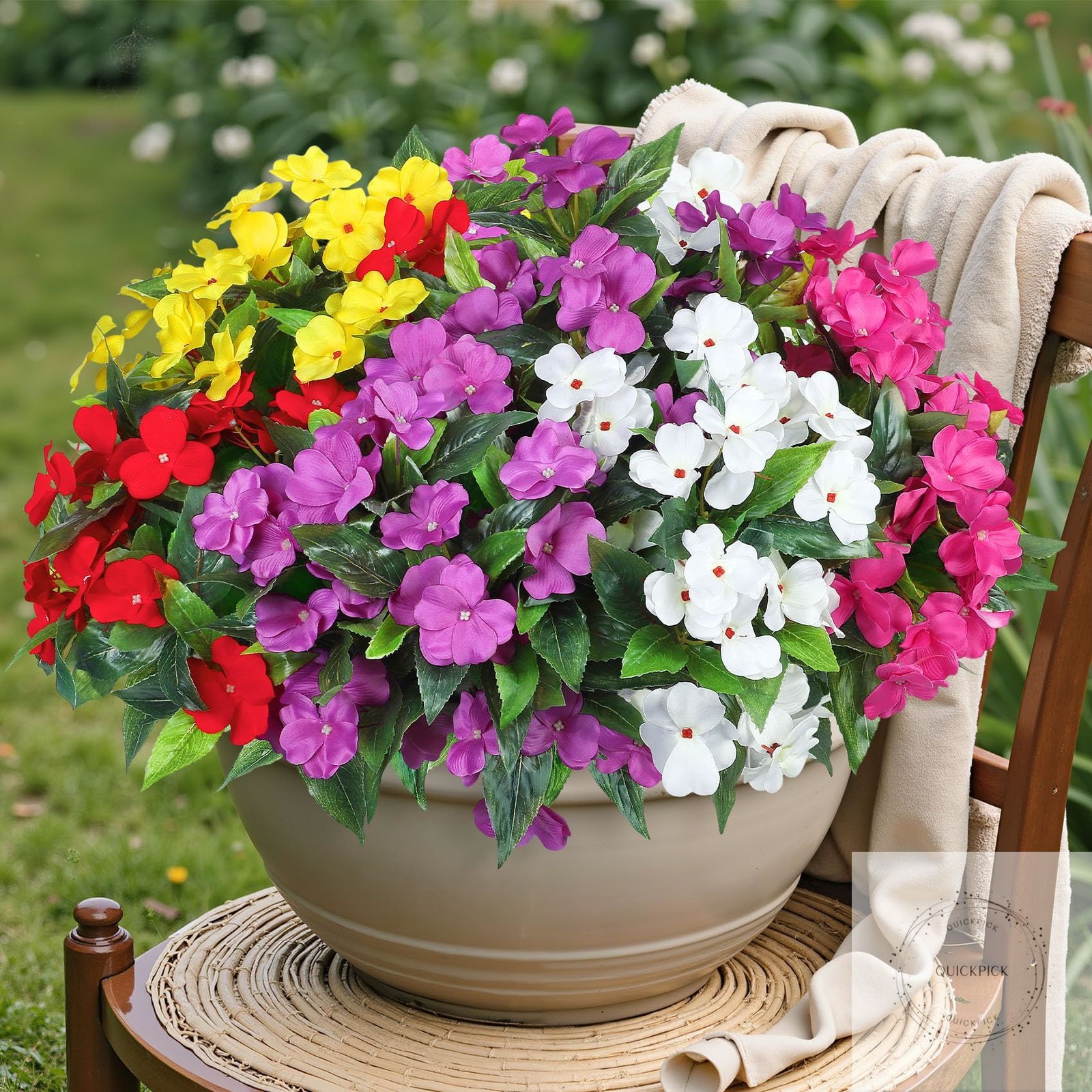 6 Bundles Artificial Impatiens Flowers for Outdoors Decoration, Silk Flowers