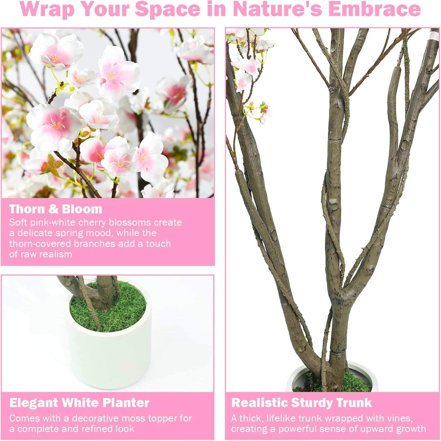 6FT Artificial Cherry Blossom Tree with Pot – Pink Faux Plant for Home Decor