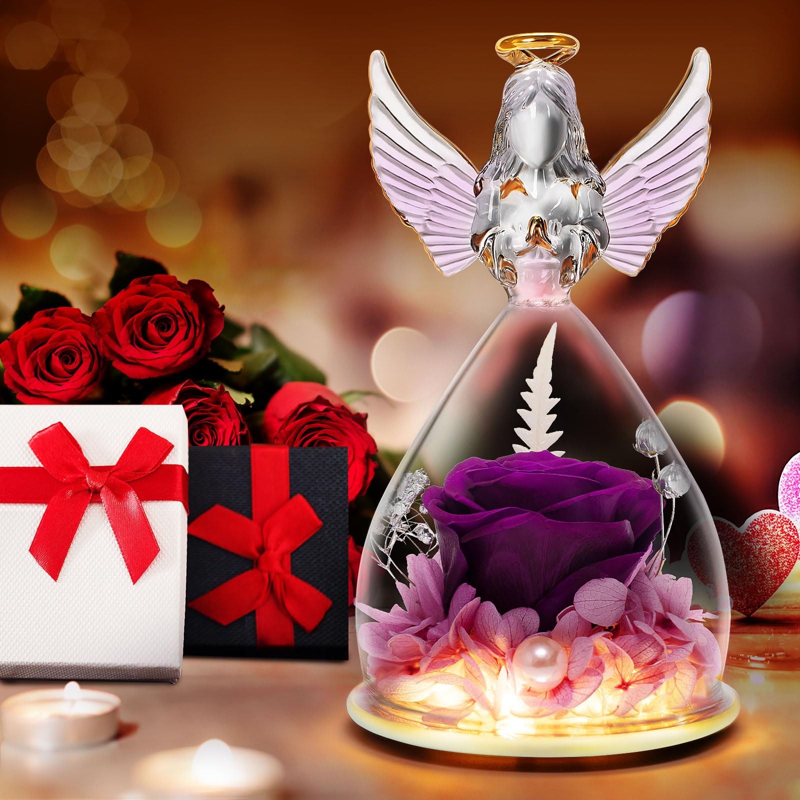 Birthday Rose Gifts for Women Preserved Flowers & LED Angel Figurines for Mom…