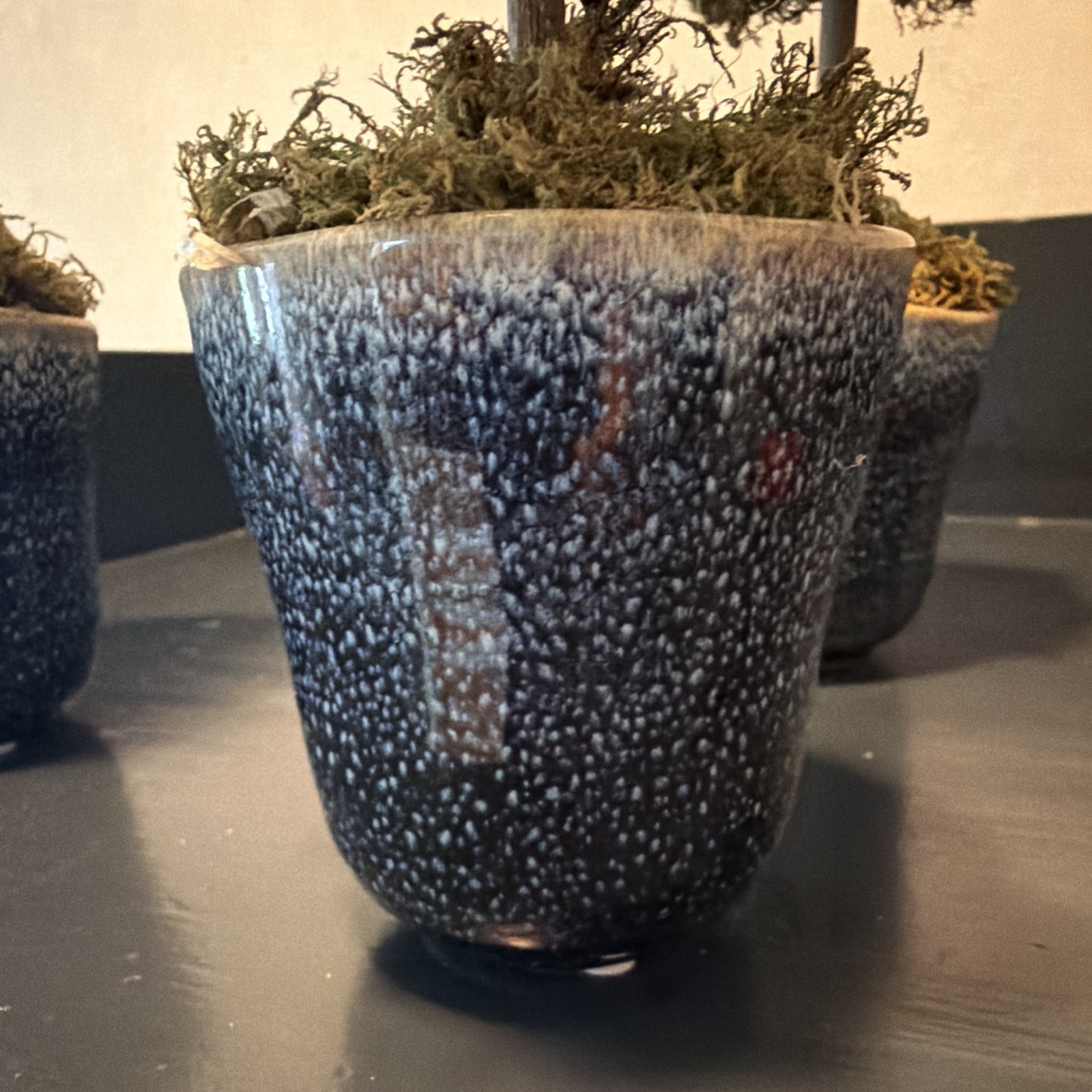 Set of 3 Artificial Moss Topiary Trees in Pots, Green/Beige Faux Topiary