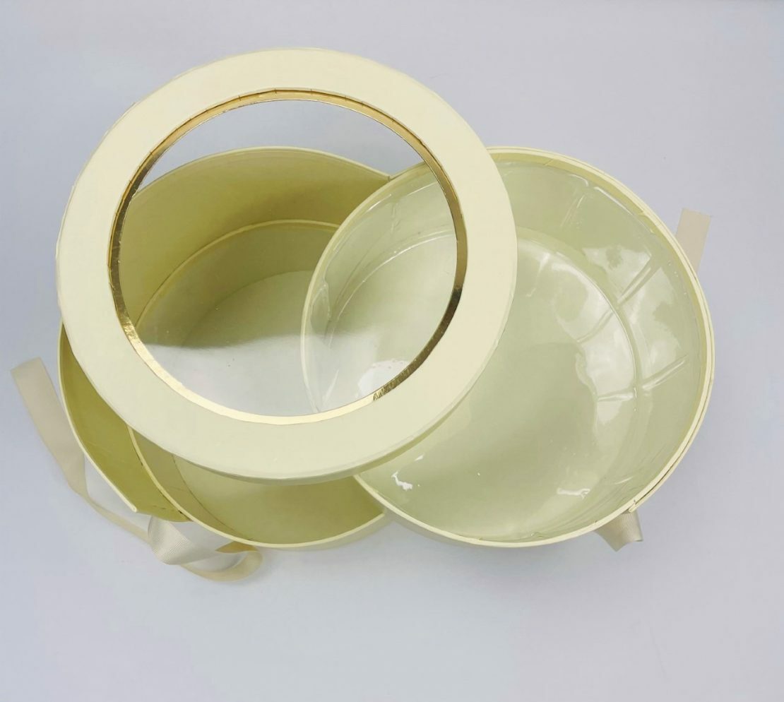 Premium Quality Round Shape Flower Box Floral Gift 2 Tier, with Lid, Yellow