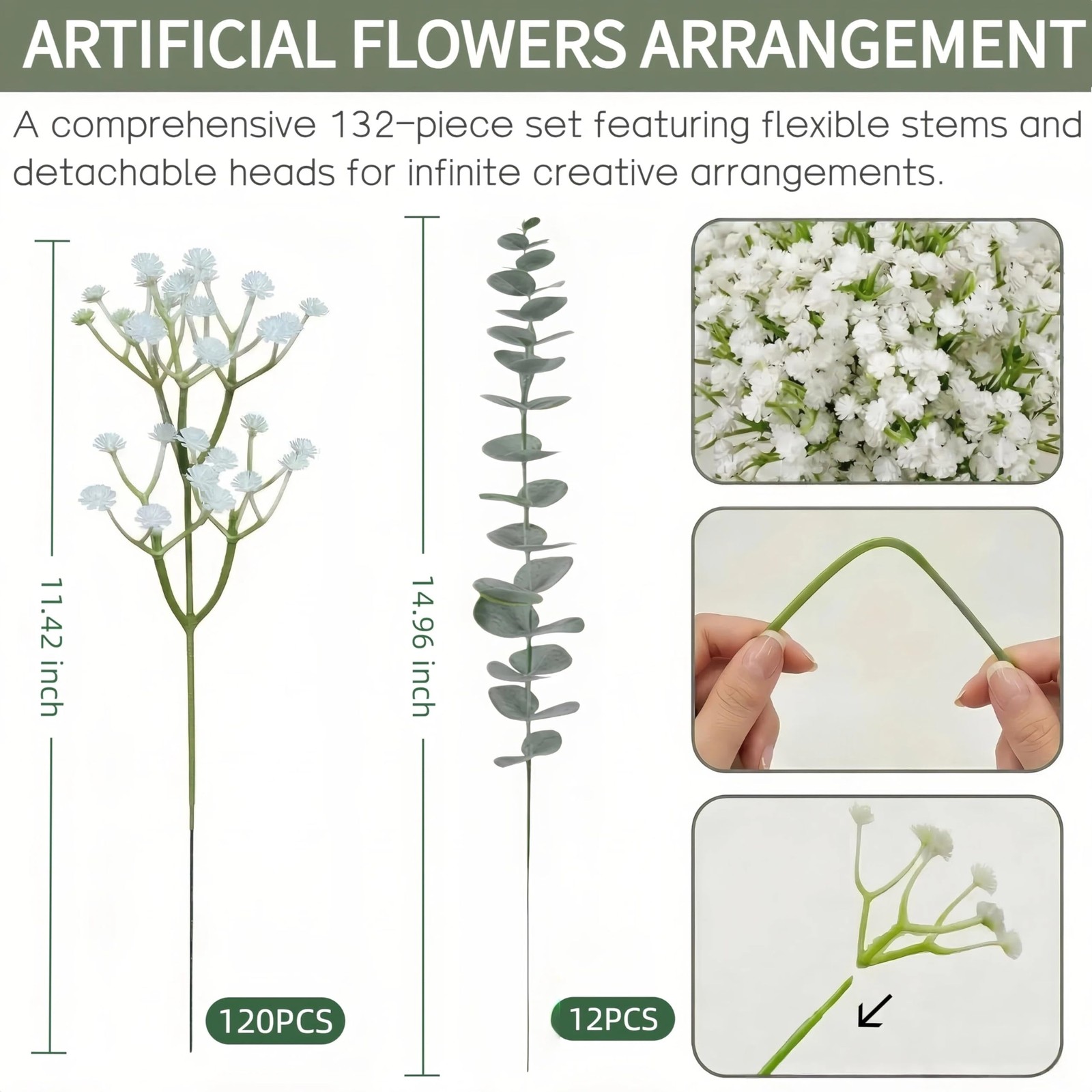 132 Pcs Babys Breath Artificial Flowers with Eucalyptus Stems, Baby Breath Fl…