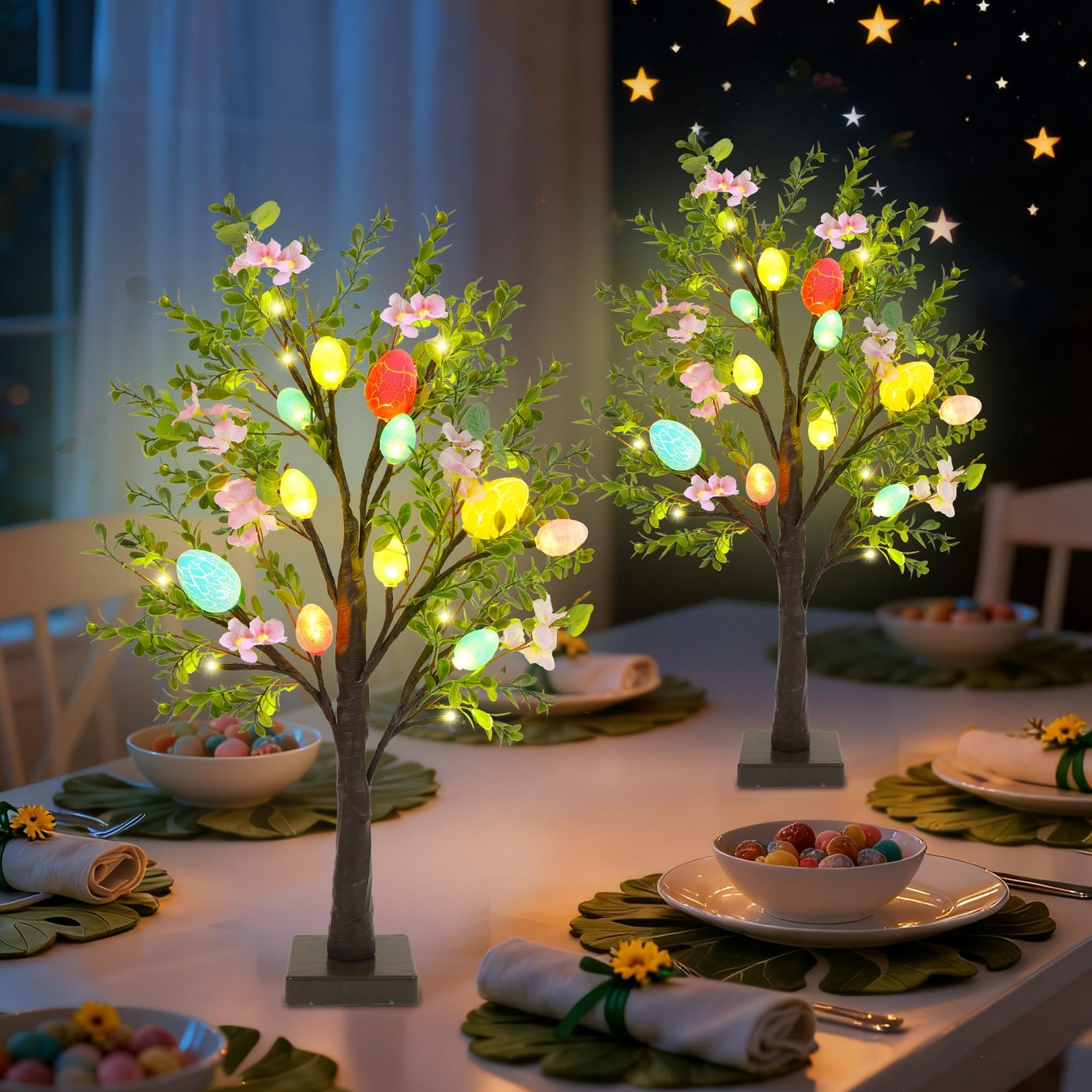 Easter Decor Set of 2 Lighted 24 Inch Artificial Tree with Easter Eggs & Colorfu