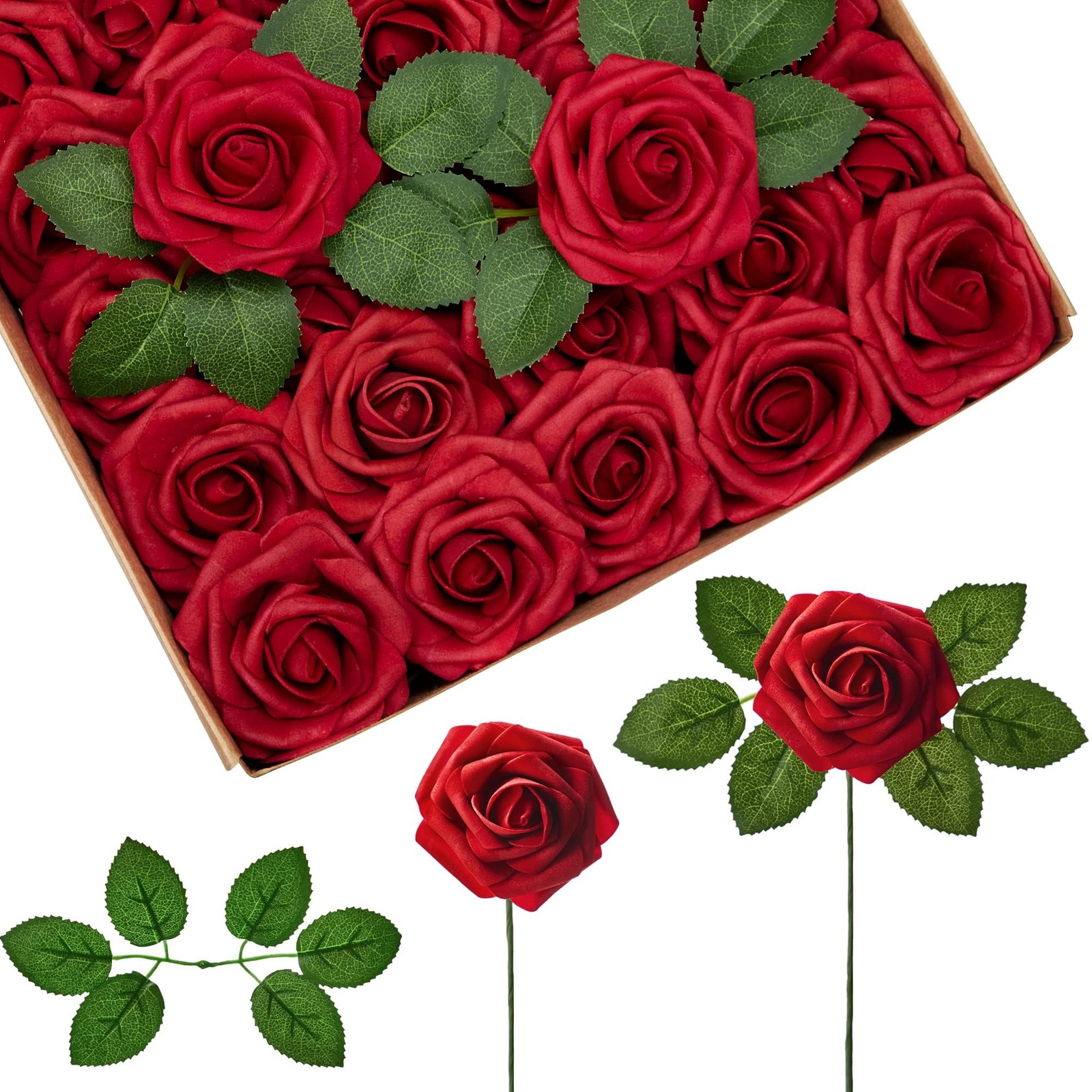 Artificial Flowers, 50 Pcs Dark Red Foam Fake Roses Bulk with Stems for Mothe