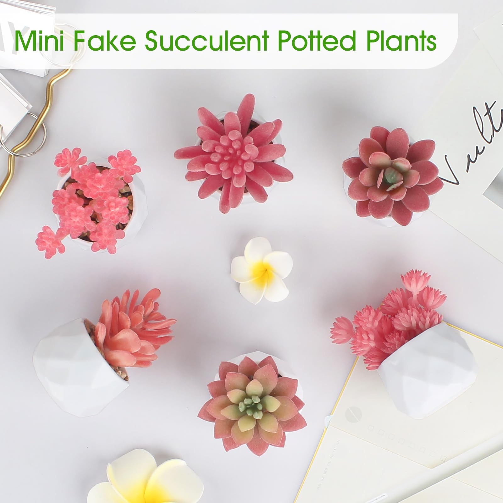 6 PCS Fake Succulent Plant Set Colorful Faux Succulents Plastic Pots Pink