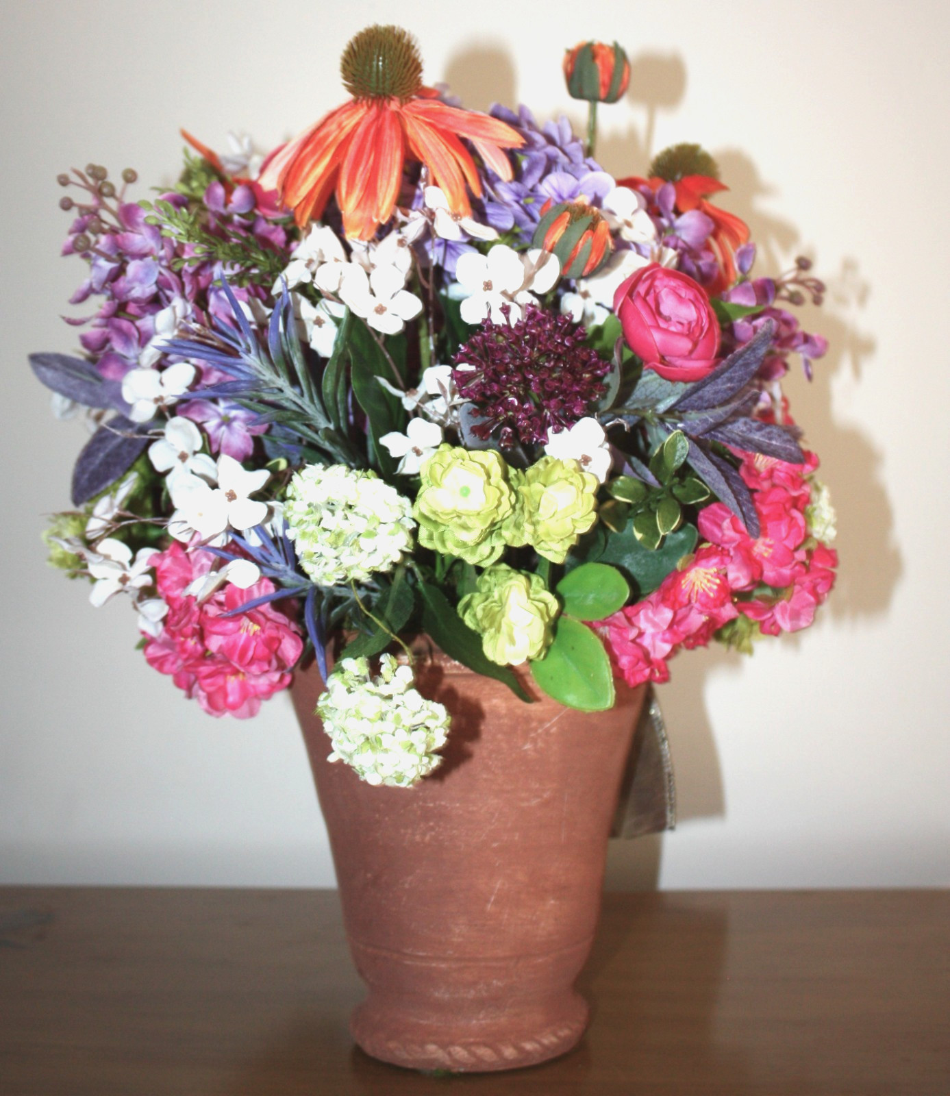 Faux Floral Arrangement Potted in G. Wolff Planter With Mackenzie Childs Bow!
