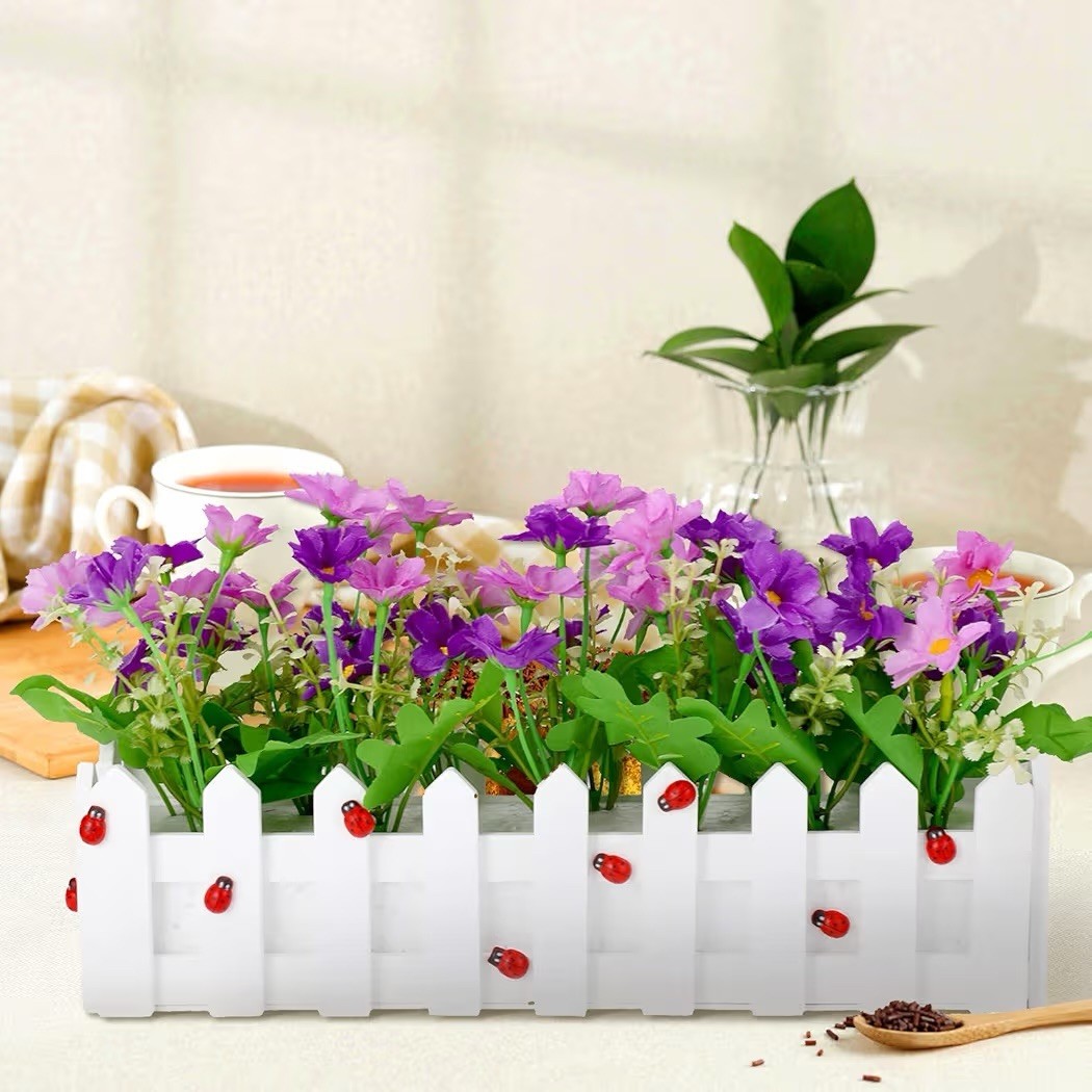 Mixed Color Faux Silk Daisies in Picket Fence Wood Planters for Spring, Set Of 4