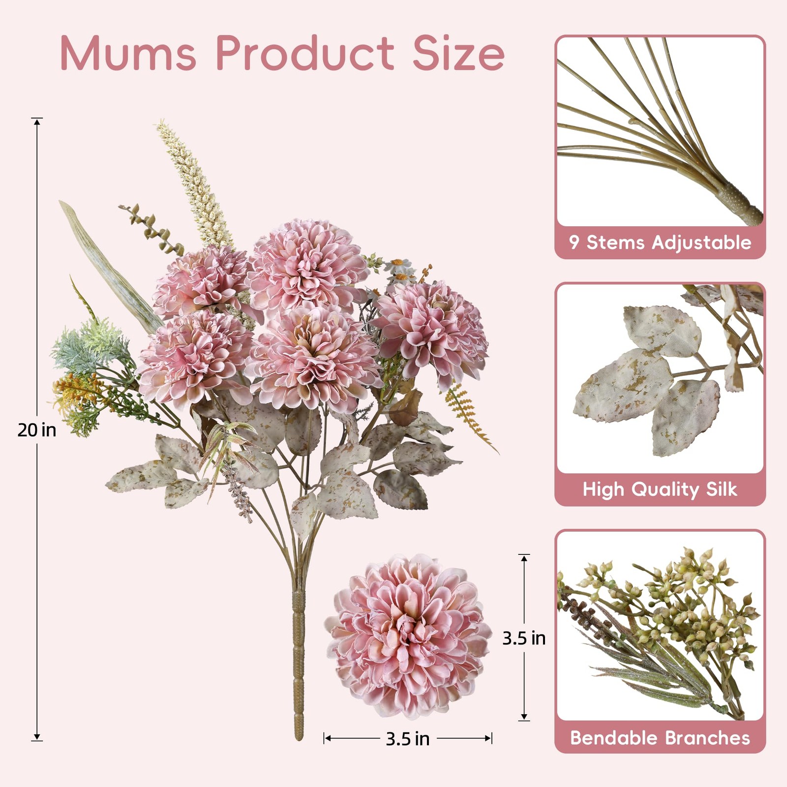 10 Heads Artificial Flowers Mums Indoor for Vase, Large Silk Faux Chrysanthem…
