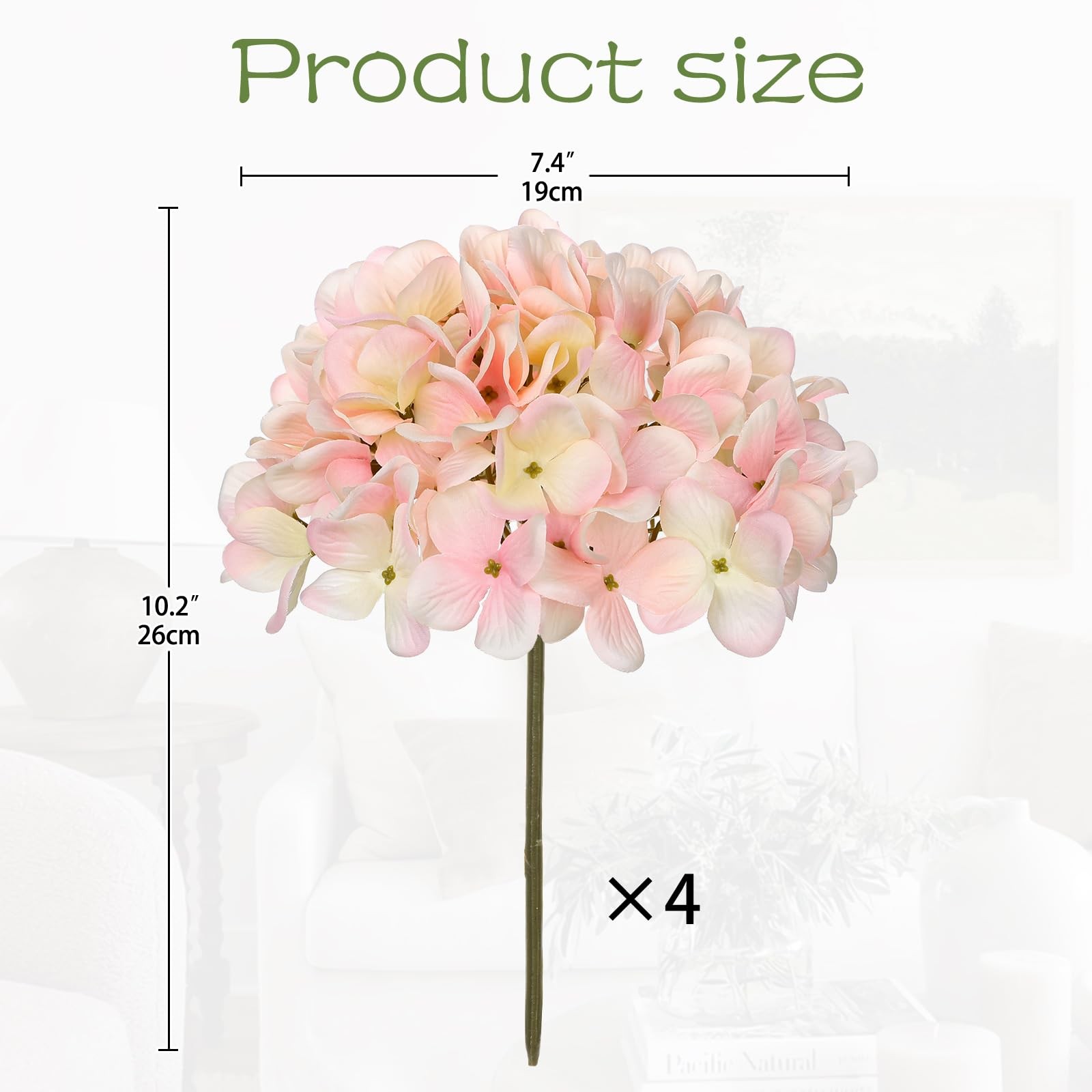 Pink Silk Hydrangea Artificial Flowers Heads 7.4inch Large Fake Hydrangea 4Pc…