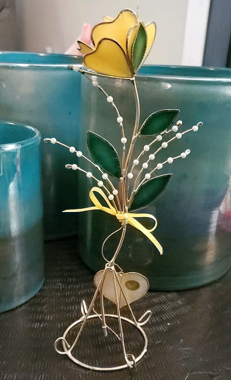 Vintage 9.5″ Stained Glass? Capiz Shell? Yellow Flower & Stand One Day At A Time
