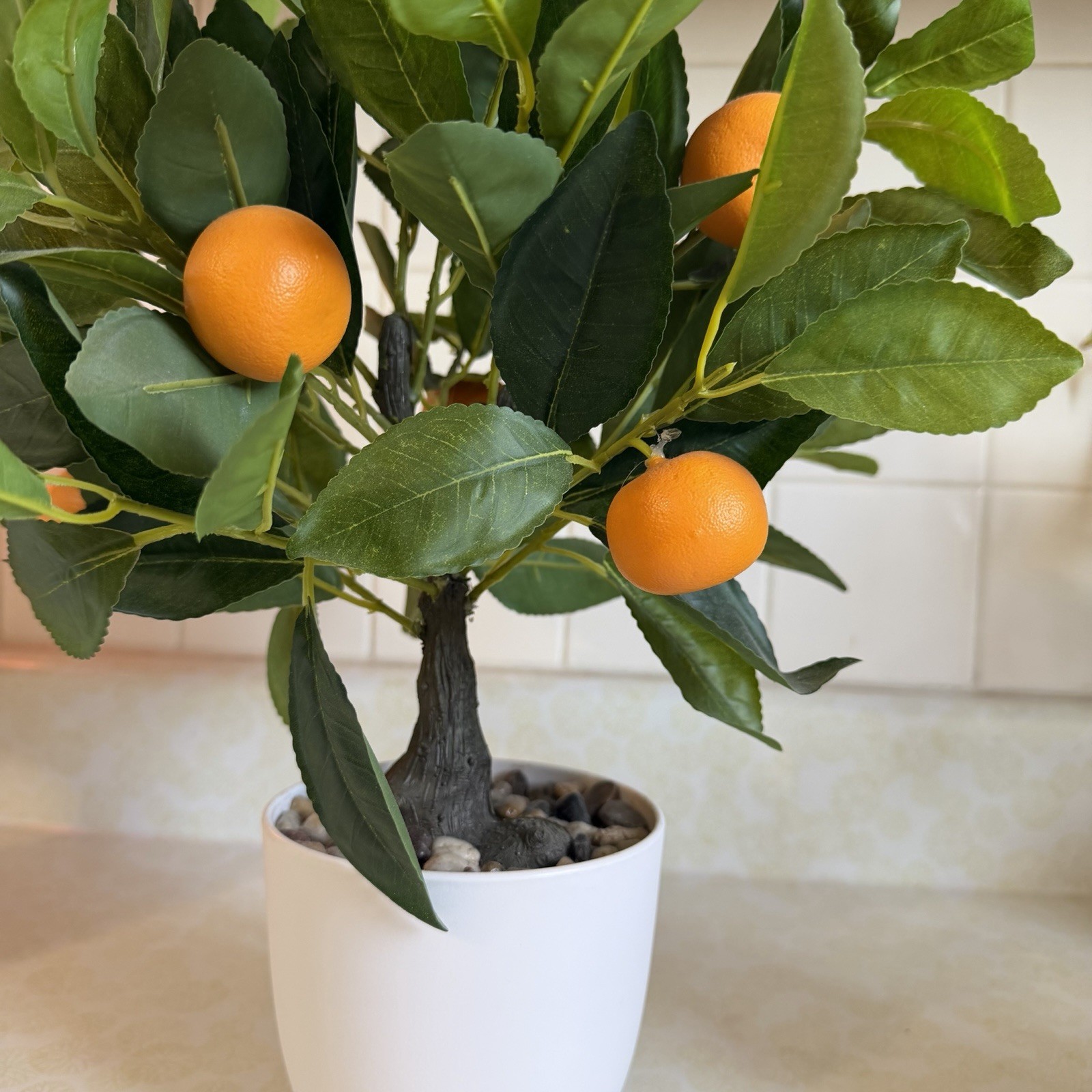 Artificial Orange Tree Topiary in White Pot with Pebbles, Plastic Green/Orange
