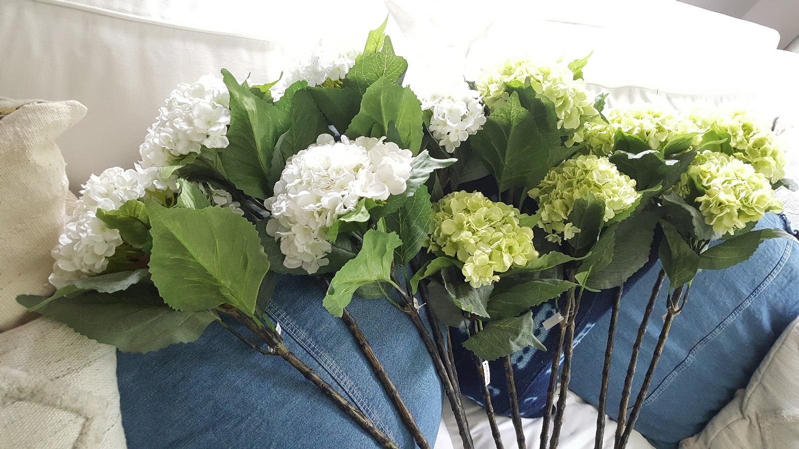 Faux Hydrangea Stems Bundle 12 White & Limelight Green 31 Inch