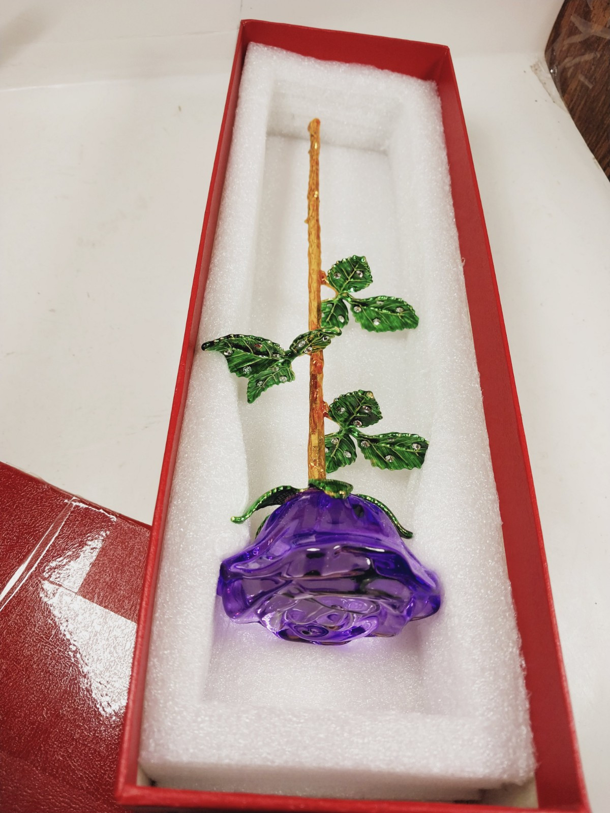 Long Stemmed Purple Rose Figurine Glass Crystal Mothers Easter Event Bling 9.5″