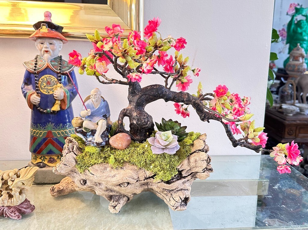 Bonsai Planter Artificial Bonsai Cherry Blossom Tree With Chinese Mud Man Realis