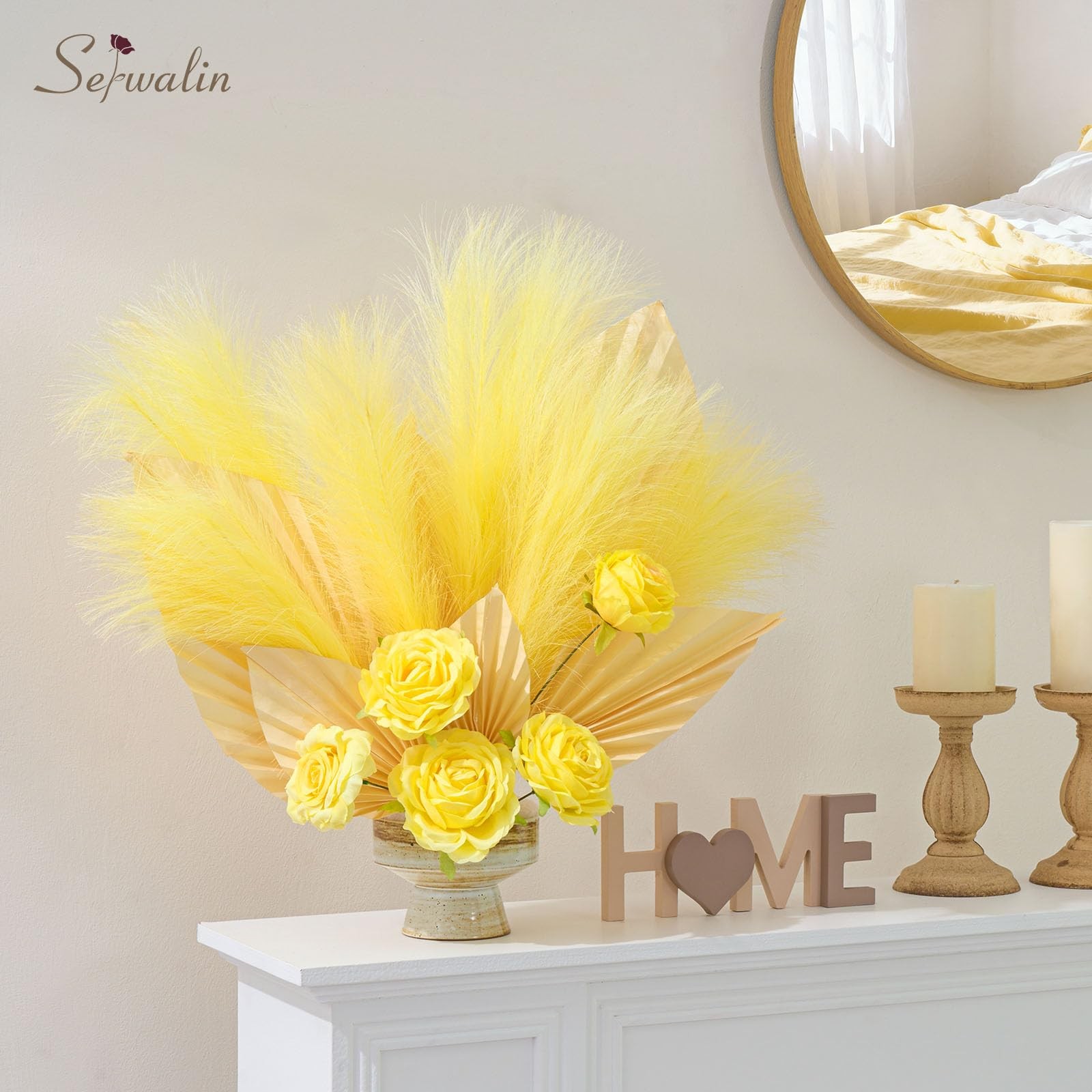 6 PCS Pampas Grass Decor 17.7 Inch Light Yellow Artificial Fluffy Vase Filler