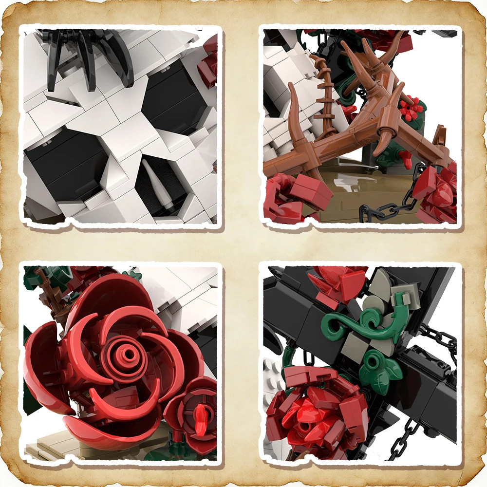 Raven Skull Roses Flower Building Blocks Set , Skull Planter Botanical Collectio