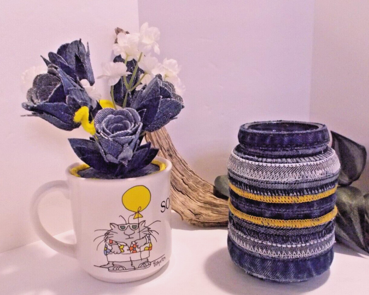 Southpaw Comics Coffee Mug w Handmade Denim Roses and Denim Seams Jar Vase