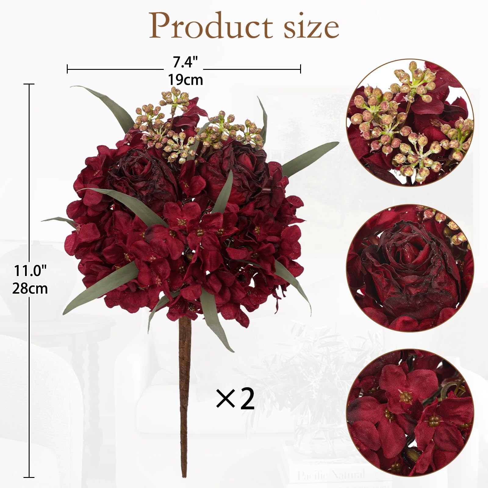2Pcs Dark Red Hydrangea Artificial Flowers Bouquet Faux Dried Touch Hydrangea…