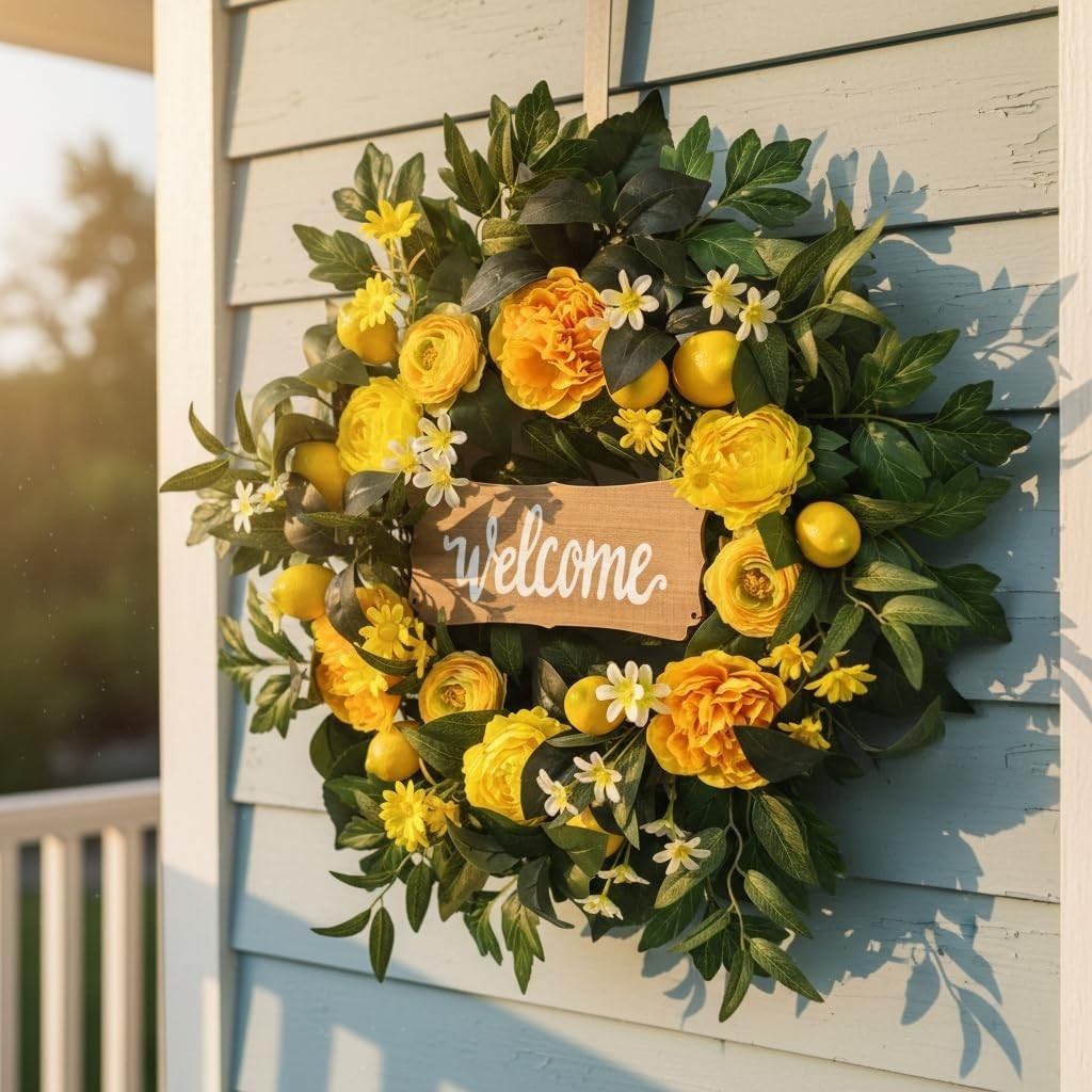 22” Lemon Wreath Welcome Sign Spring Summer Front Door Farmhouse
