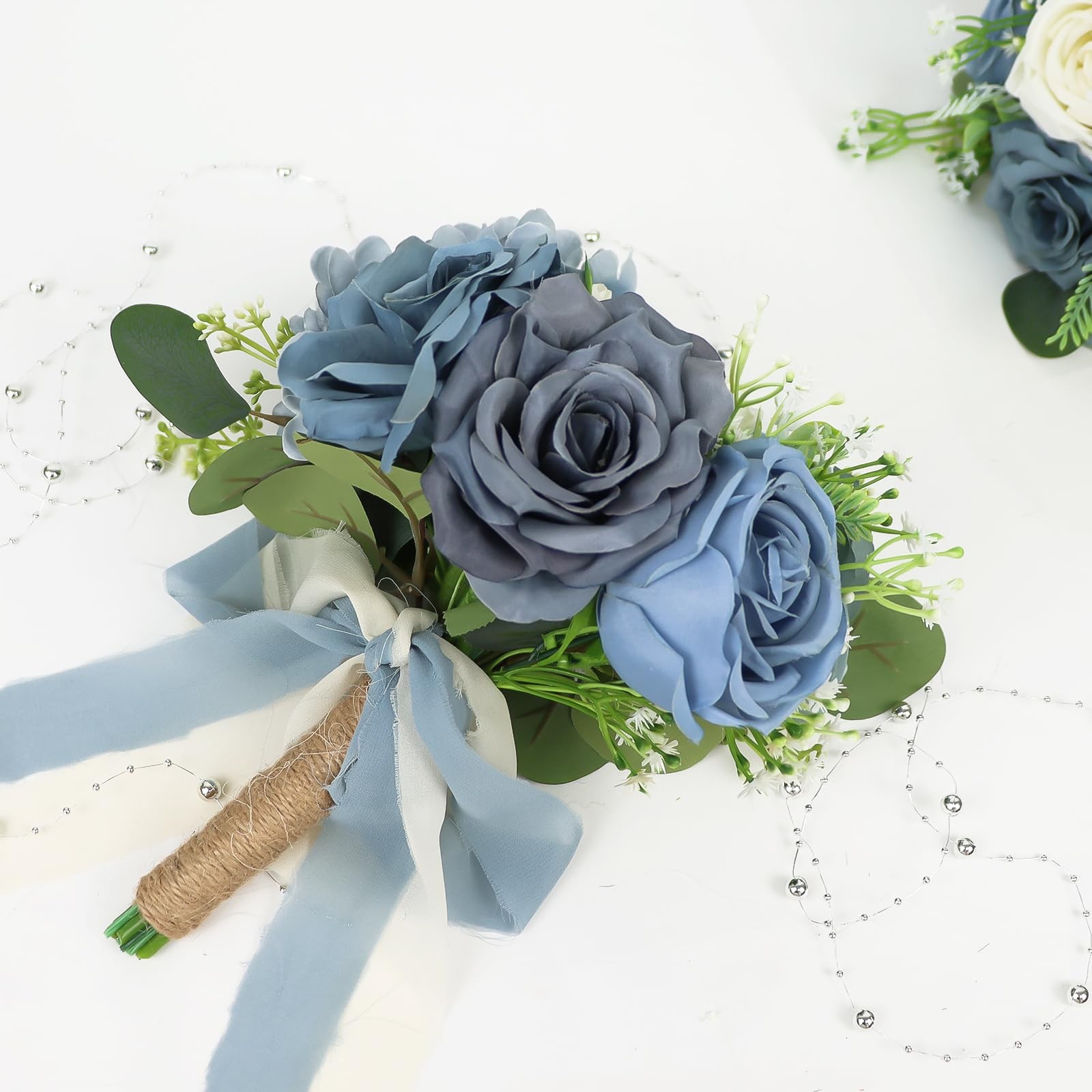 2 PCS 7 Inch Dusty Blue White Artificial Bridesmaid Wedding Bouquet Set
