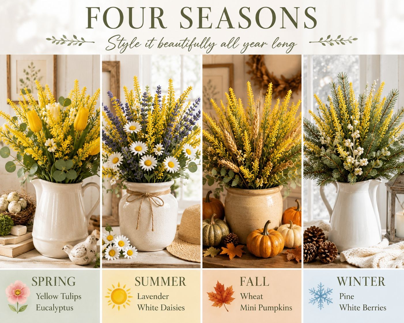 Yellow Faux Lavender Stems, Artificial Salvia Flowers, Faux Greenery Picks, Farm