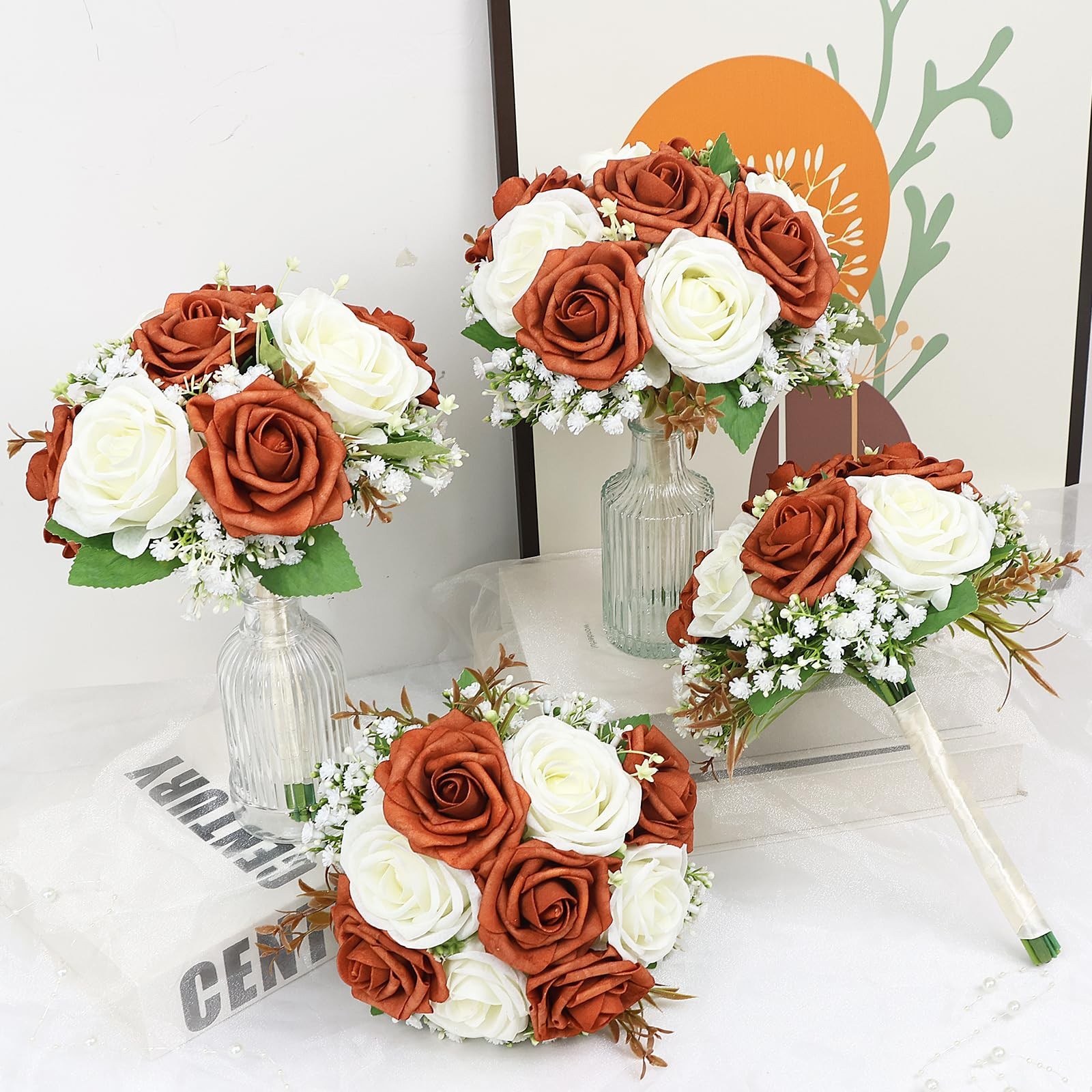 2 PCS 7 Inch Burnt Orange Rose White Baby’s Breath Wedding Bouquet Set