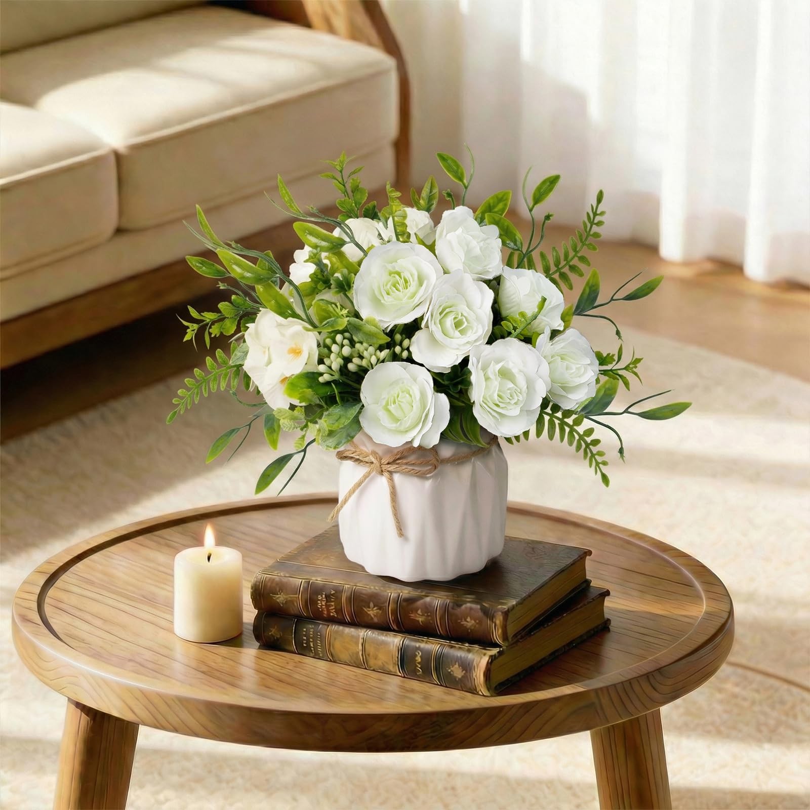 White Artificial Silk Roses with Ceramic Vase, No Maintenance Faux Flower Arr…