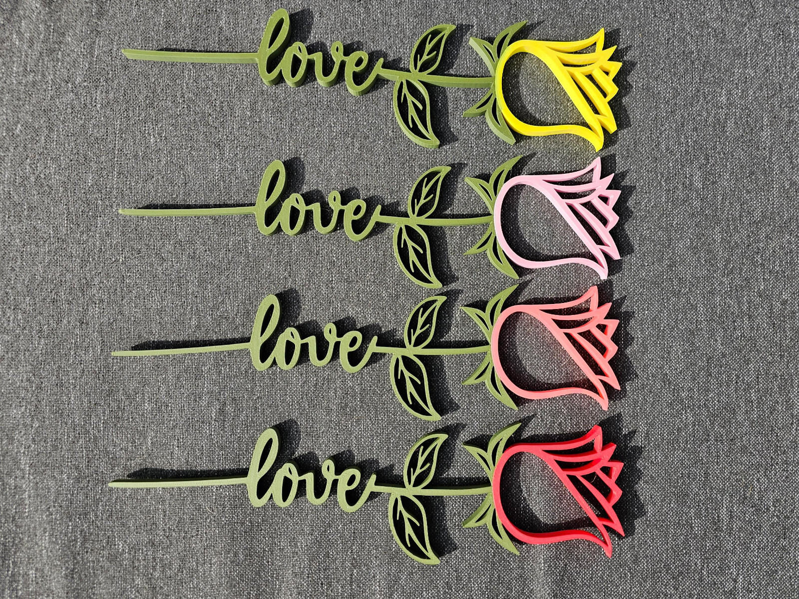 Valentines Day Flowers Roses With Love on stem 3d Printed Red pink yellow 11.5