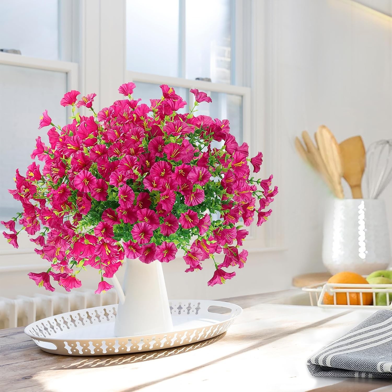 Realistic Magenta Silk Morning Glory Bundles with Eucalyptus for Seasonal Decor