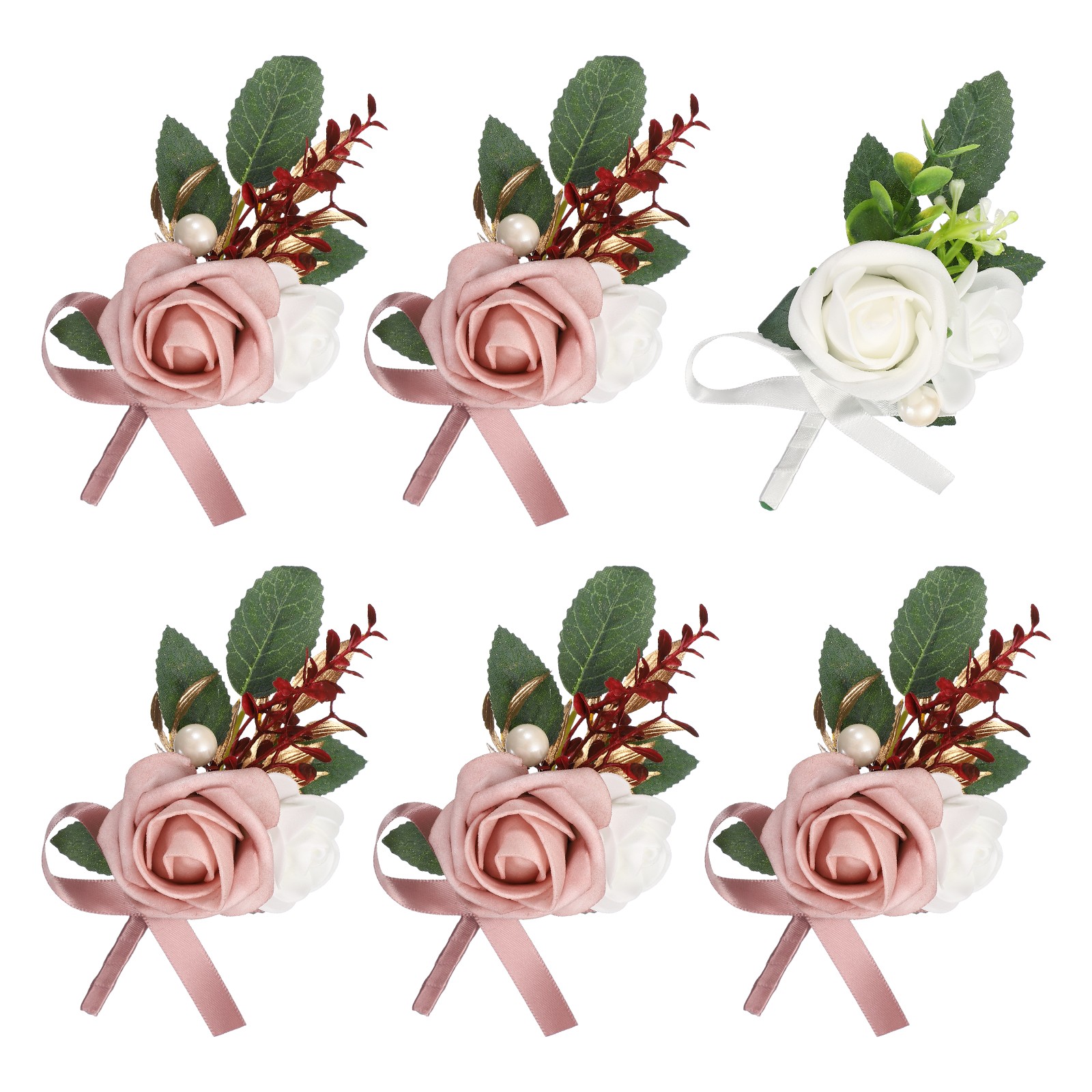 Mens Boutonnieres for Weddings, 6 Pcs Rose Boutonnieres, White/Gray Pink